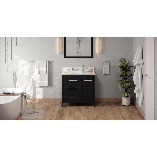 Jeffrey Alexander 36In. Black Katara Vanity, Left Offset, Calacatta Vienna Quartz Vanity Top, Undrmnt Rctngl Bowl VKITKAT36BKCQR